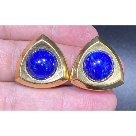 Christian Dior Signed Earrings Clip On Blue Lapis Cabochon Gold Vintage - Picture 1 of 7